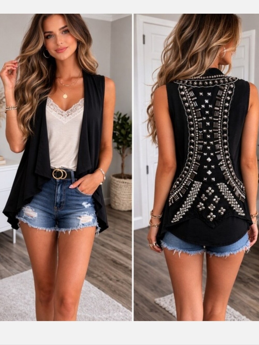 Daytrip Black Studded Back Waterfall Style Crop Vest Suede Sleeveless Sz Medium